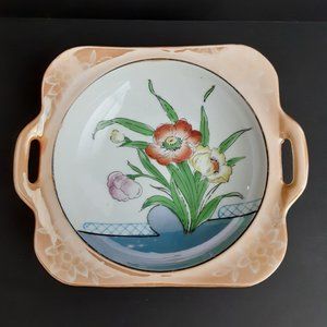 Vintage Square Peach Lustreware Hand-painted Floral Bowl With Handles Ja…
